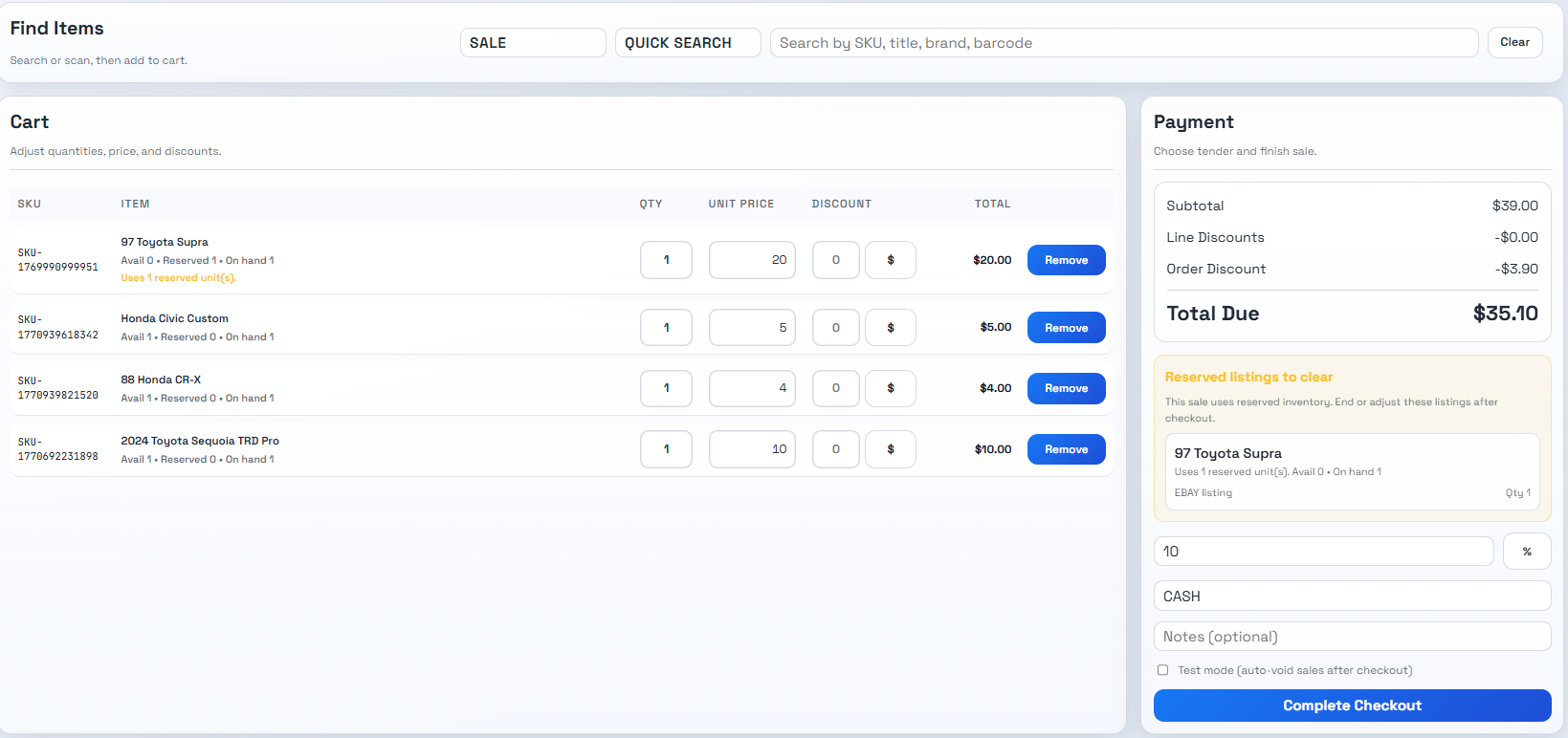 ThriftERP checkout flow showing cart lines, discounts, payment summary, and complete checkout action.
